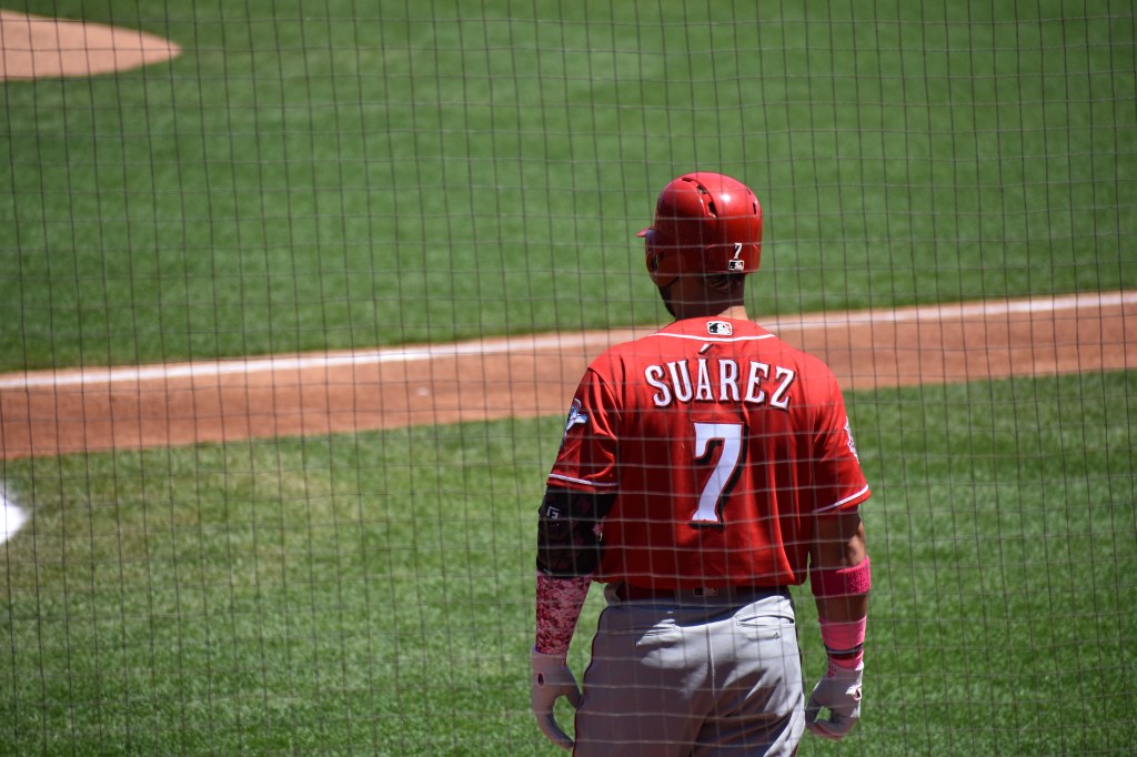 The Reds Eugenio Suarez waiting on deck at Oracle Park