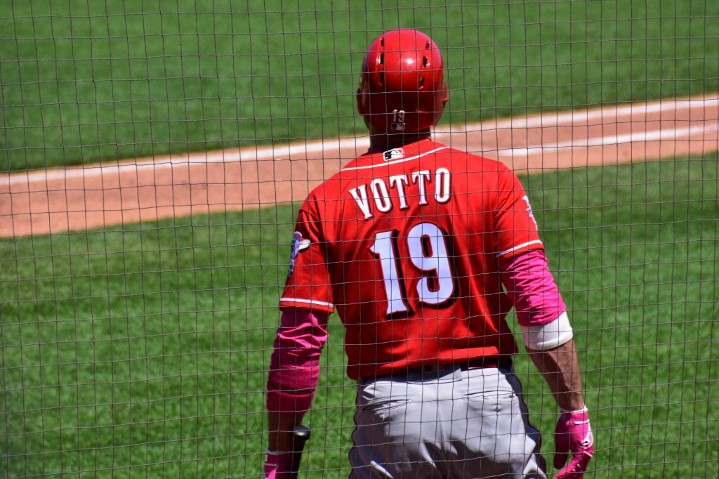 The Reds Joey Votto waiting on deck at Oracle Park