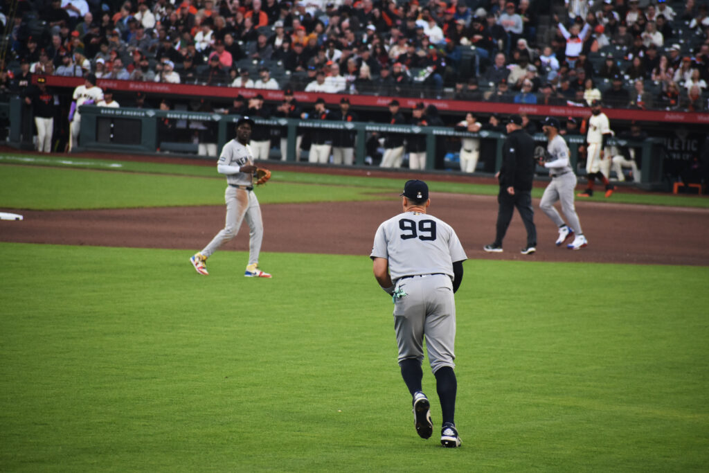 Aaron Judge fields a ball in right center field