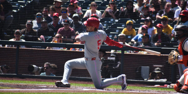 Bryson Stott striking out, Giants vs Phillies, Oracle Park April 2026