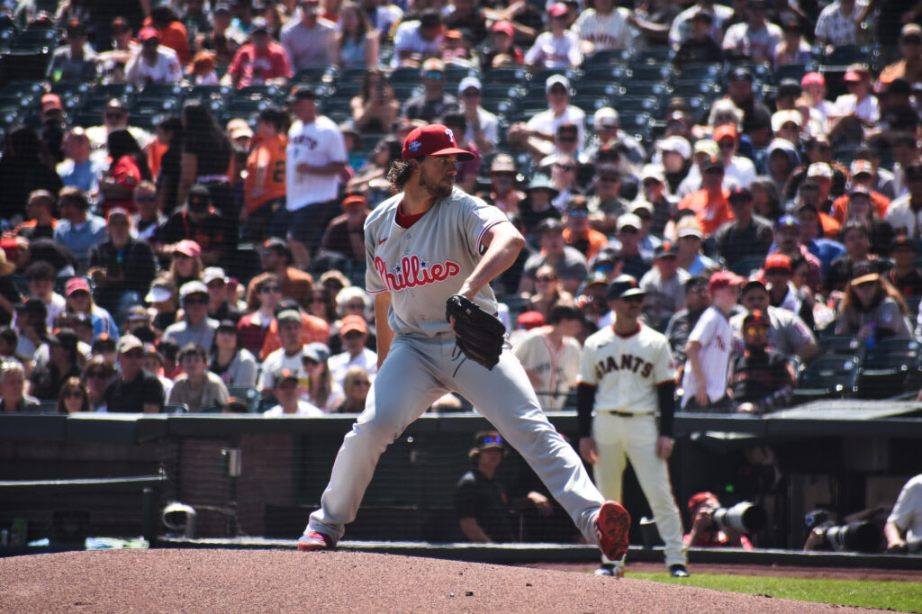 Aaron Nola pitching against the Giants at Oracle Park 2026