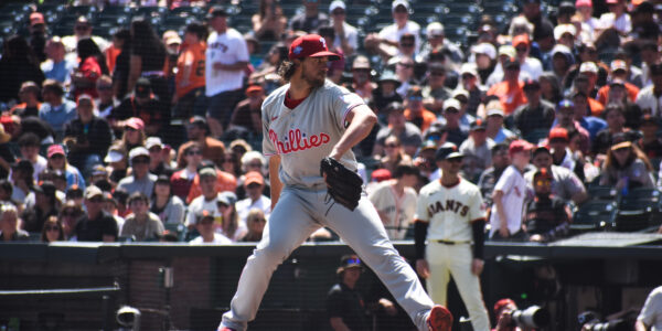 Aaron Nola's delivery, Giants vs Phillies, Oracle Park April 2026