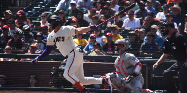 Willy Adames hits a flyball into left field, Giants vs Phillies, Oracle Park April 2026