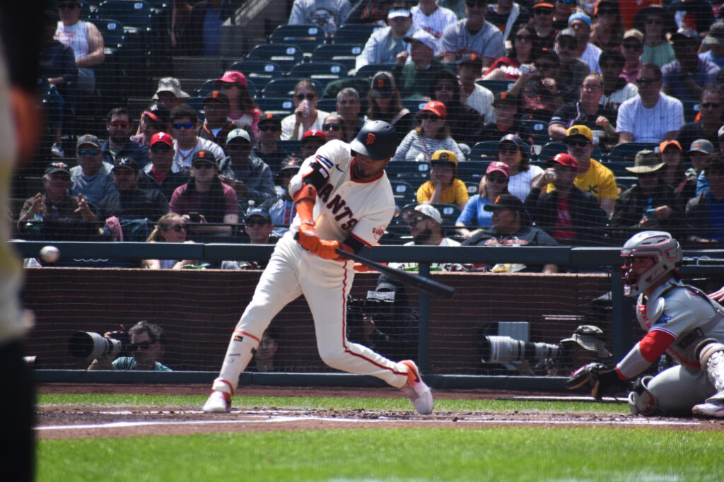 Luis Arraez batting against the Phillies at Oracle Park April 2026