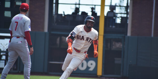 Luis Arraez rounding second, Giants vs Phillies, Oracle Park April 2026