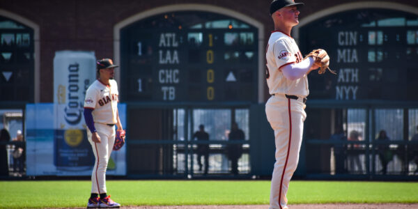 Willy Adames and Matt Chapman waiting on the infield, Giants vs Phillies, Oracle Park April 2026