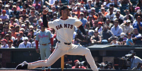Tyler Mahle throwing an offspeed pitch, Giants vs Phillies, Oracle Park April 2026