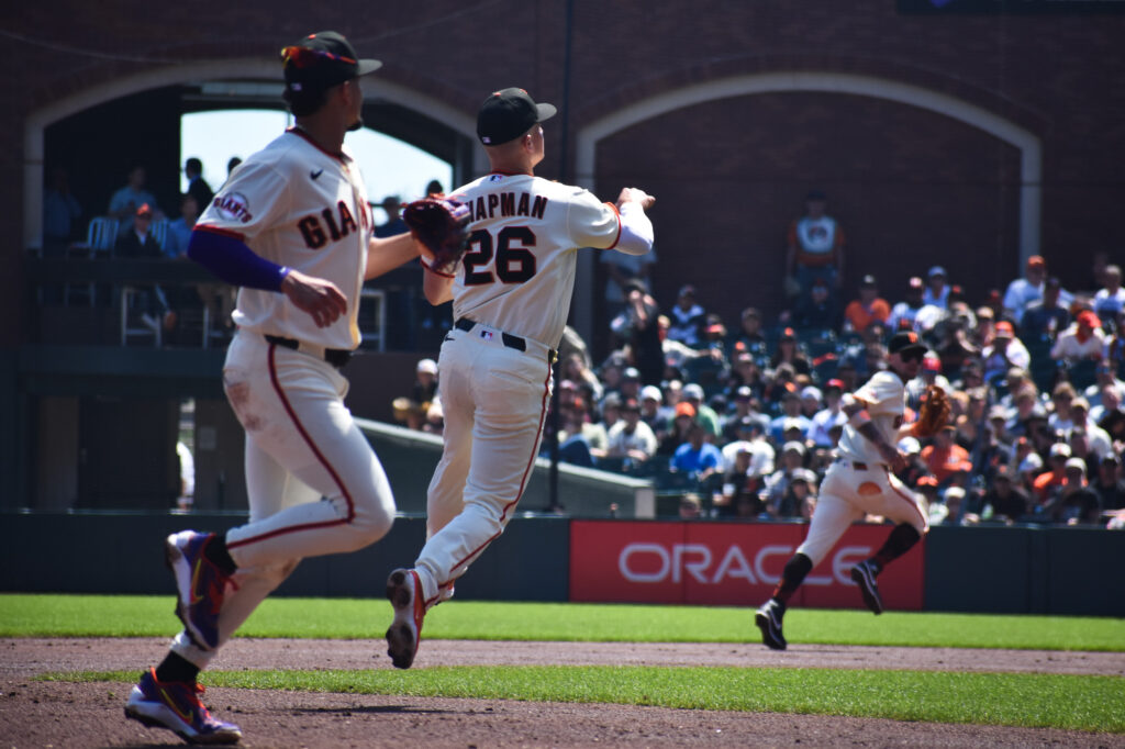 Willy Adames and Matt Chapman defending against the Philles at Oracle Park 2026