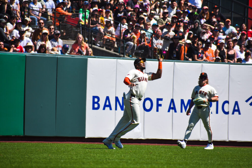 Jerar Encarnacion catching a ball in left field