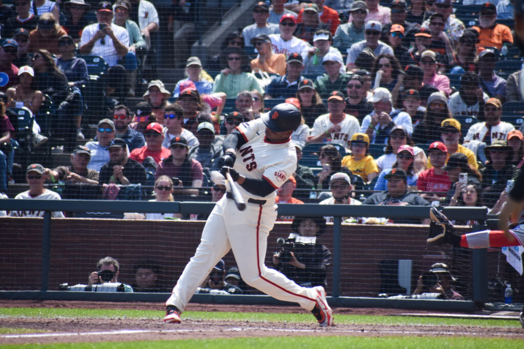 Rafael Devers hitting a homerun against the Phillies at Oracle Park April 2026