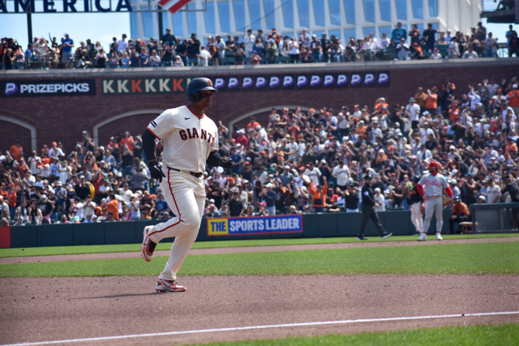 Rafael Devers hitting a homerun against the Phillies at Oracle Park April 2026