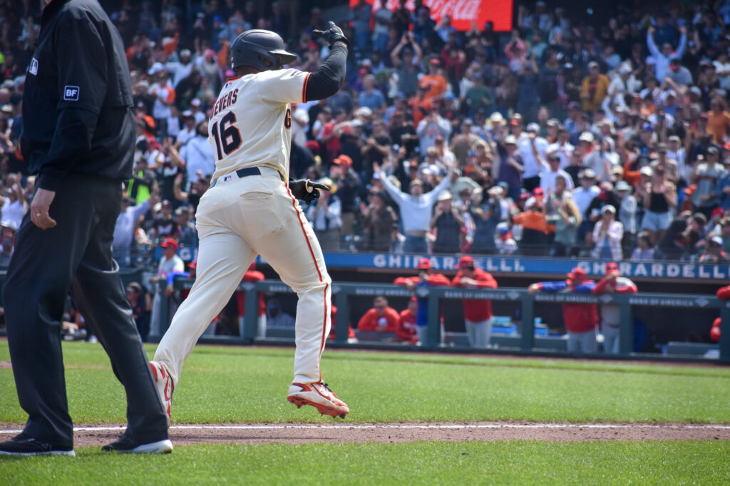 Rafael Devers hitting a homerun against the Phillies at Oracle Park April 2026