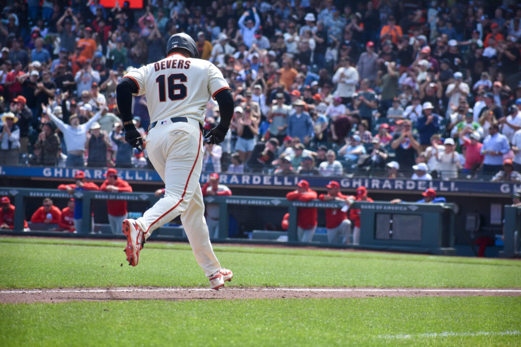 Rafael Devers hitting a homerun against the Phillies at Oracle Park April 2026