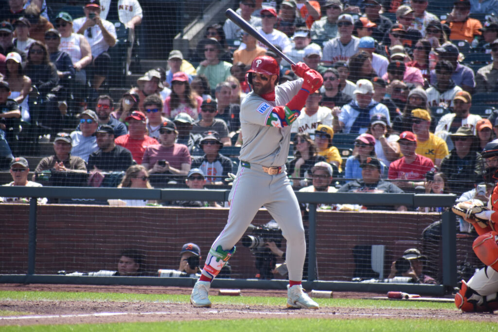 Bryce Harper batting against the Giants at Oracle Park 2026