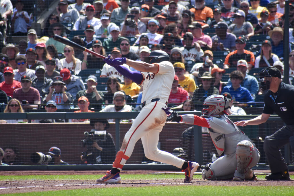 Willy Adames batting against the Phillies at Oracle Park April 2026