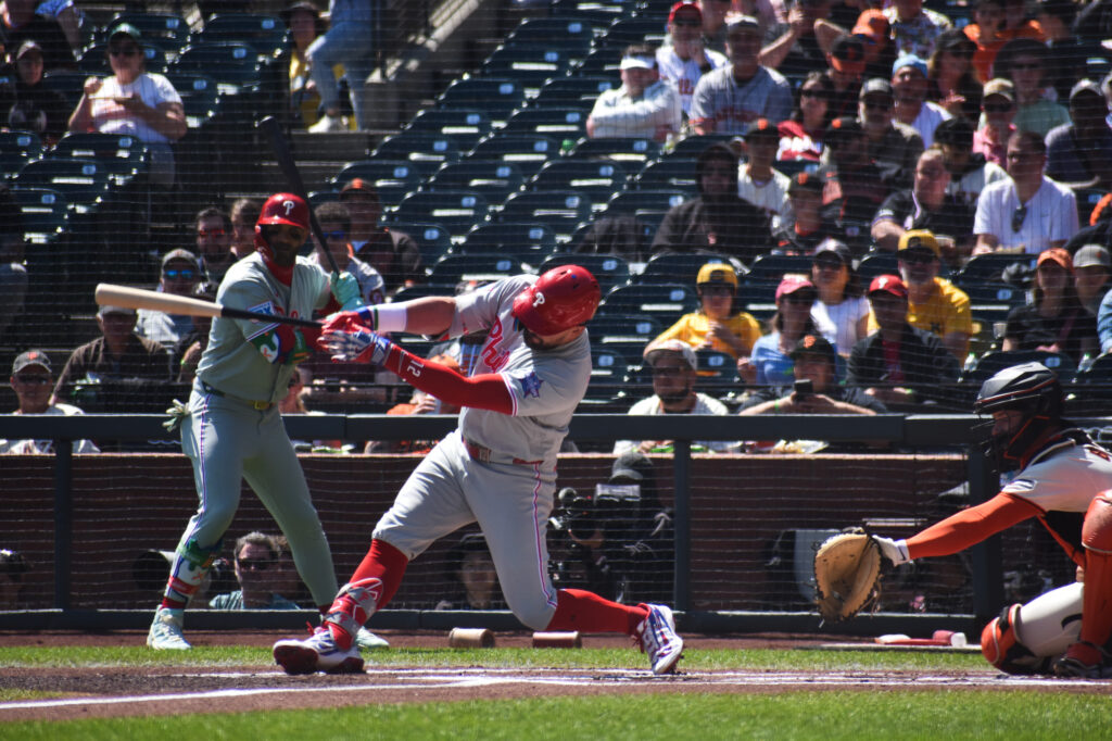 Kyle Schwarber batting against the Giants at Oracle Park 2026