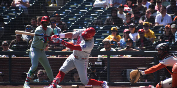 Kyle Schwarber hitting a single into right field, Giants vs Phillies, Oracle Park April 2026