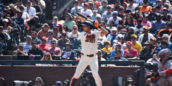 Jung Ho Lee awaiting Aaron Nola's pitch, Giants vs Phillies, Oracle Park April 2026