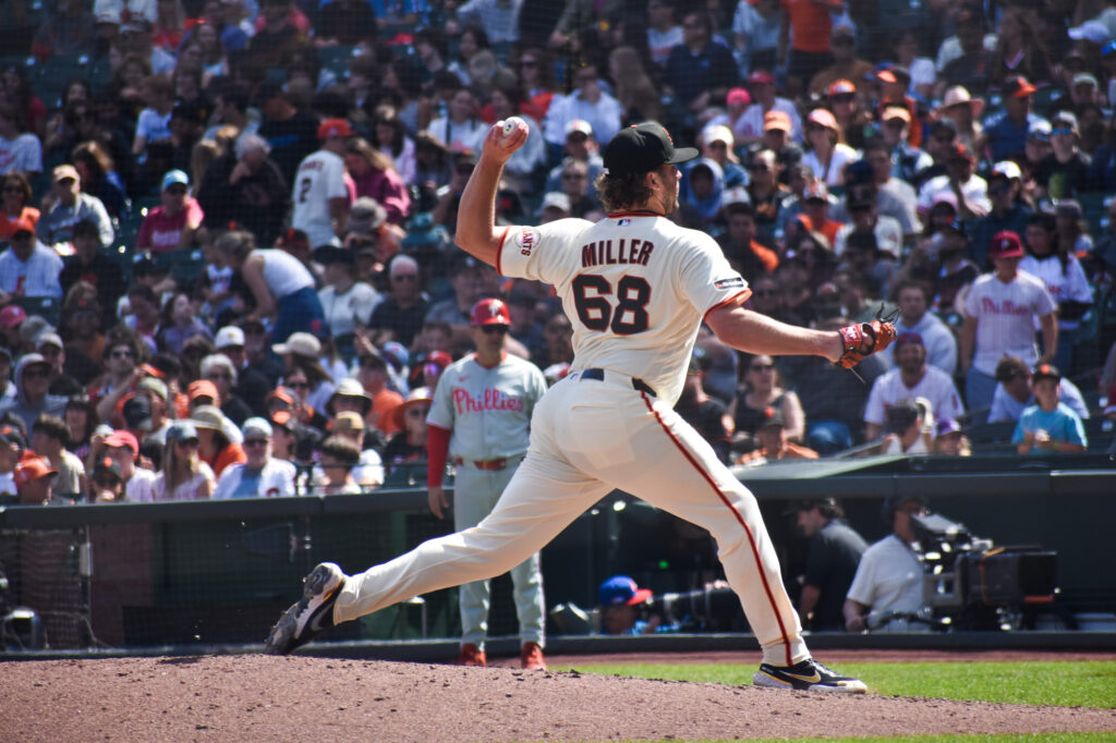 Erik Miller closing out the game against the Phillies at Oracle Park April 2026