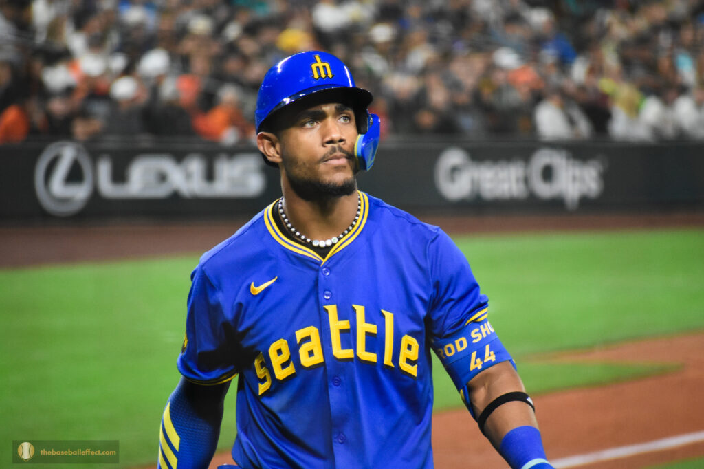 Julio Rodriguez walking back to the dugout after a strikeout, Giants - Mariners, T-Mobile Park 2024
