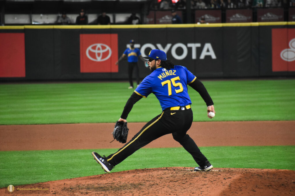 Andres Munoz starts his delivery to homeplate, Giants - Mariners, T-Mobile Park 2024