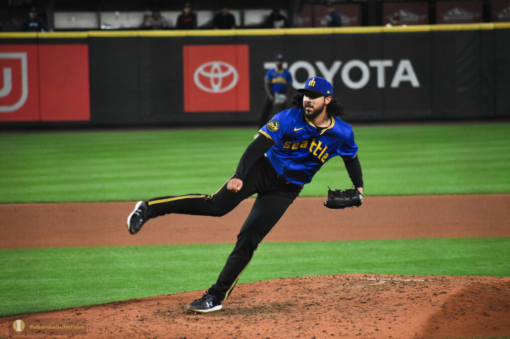 Andres Munoz after releasing a pitch, Giants - Mariners, T-Mobile Park 2024