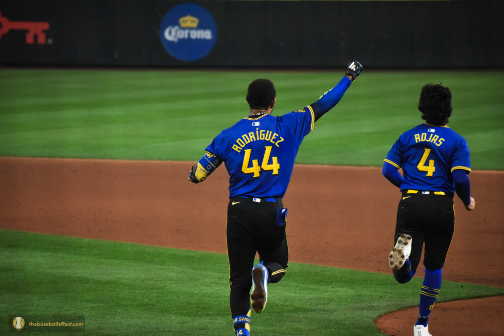 Julio Rodriguez and Josh Rojas run out to celebrate the win, Giants - Mariners, T-Mobile Park 2024