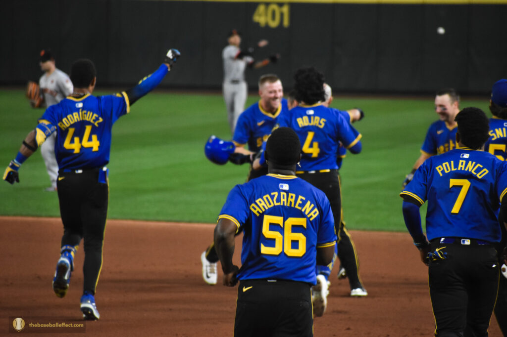 Mariners run out to greet Leo Rivas after his walk-off single, Giants - Mariners, T-Mobile Park 2024