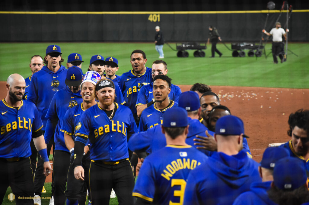 Leo Rivas is crowned with the bubble gum bucket after walk-off win, Giants - Mariners, T-Mobile Park 2024