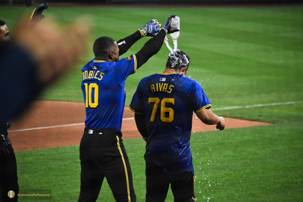 Randy Arozarena poors gatorade all over Leo Rivas in celebration, Giants - Mariners, T-Mobile Park 2024