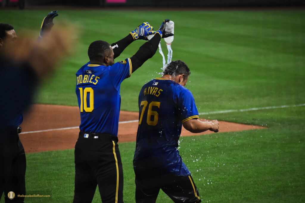 Randy Arozarena poors gatorade all over Leo Rivas in celebration, Giants - Mariners, T-Mobile Park 2024