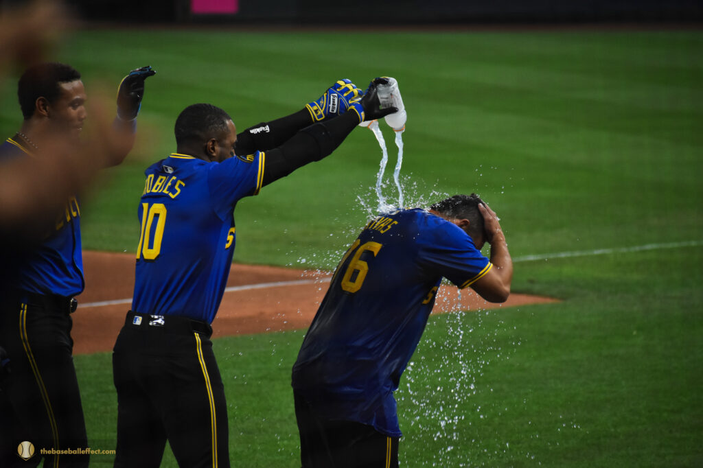 Randy Arozarena poors gatorade all over Leo Rivas in celebration, Giants - Mariners, T-Mobile Park 2024