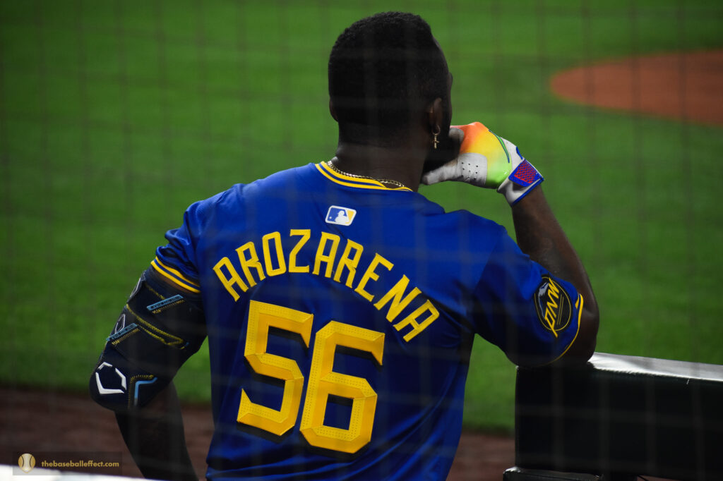 Randy Arozarena waits for his turn to bat