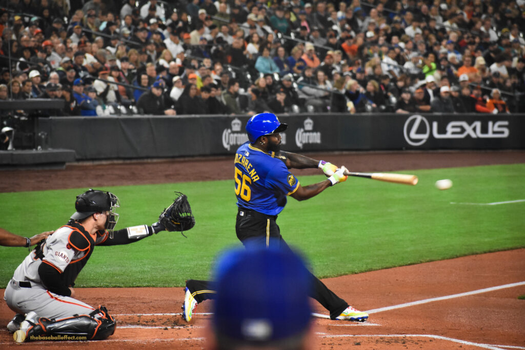 Randy Arozarena hits a line drive at T-Mobile Park