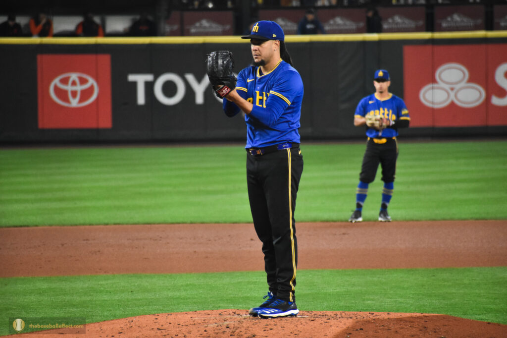 Luis Castillo gets ready to deliver a pitch, T-Mobile Park 2024
