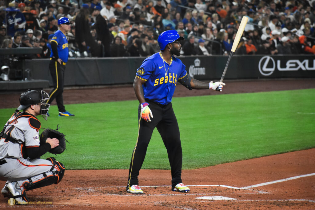 Randy Arozarena lining up Birdsong and awaiting the first pitch, T-Mobile Park 2024