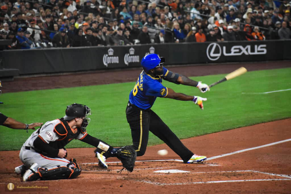 Randy Arozarena chases a pitch down and away, T-Mobile Park 2024