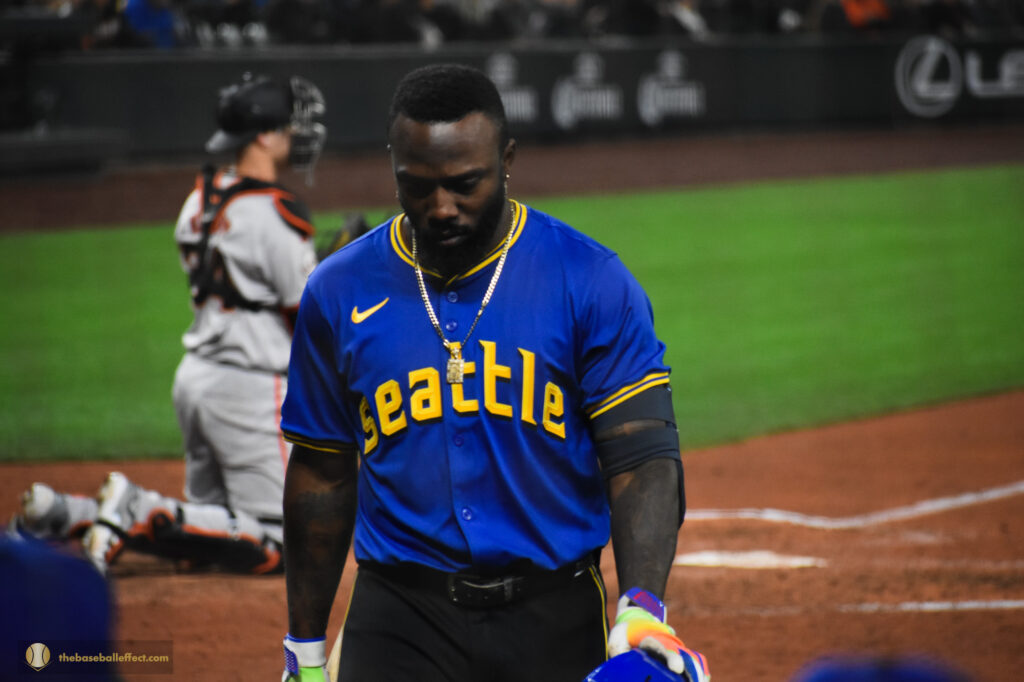 Randy Arozarena walks back to the dugout after a strikeout, T-Mobile Park 2024