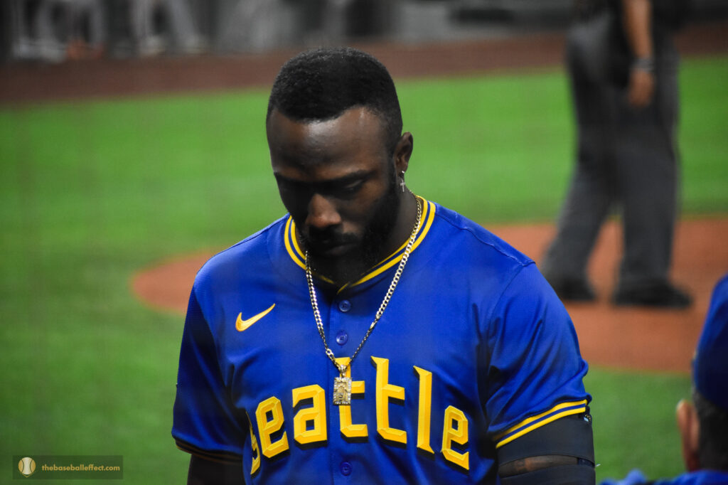 Randy Arozarena walks back to the dugout after a strikeout, T-Mobile Park 2024
