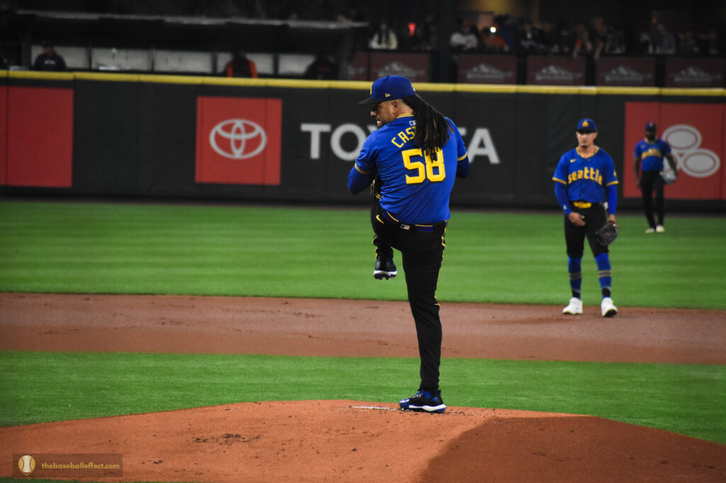Luis Castillo in the middle of his delivery to the Giants