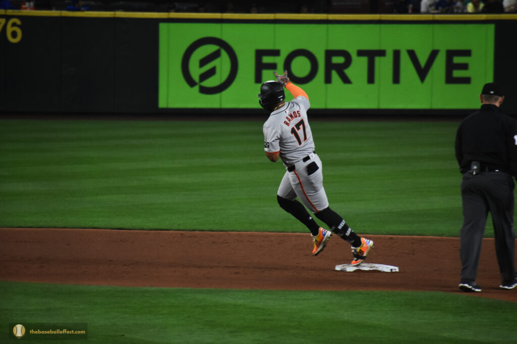 Heliot Ramos round second after a homerun, T-Mobile Park 2024
