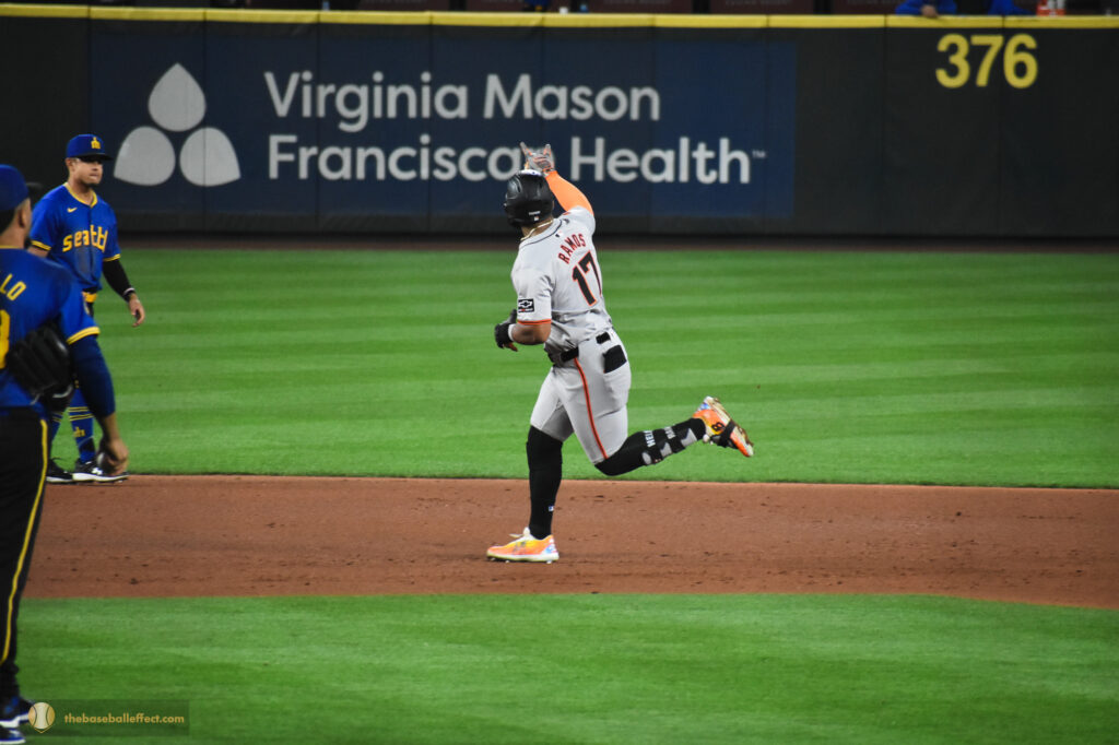 Heliot Ramos celebrates on the base paths after a homerun, T-Mobile Park 2024