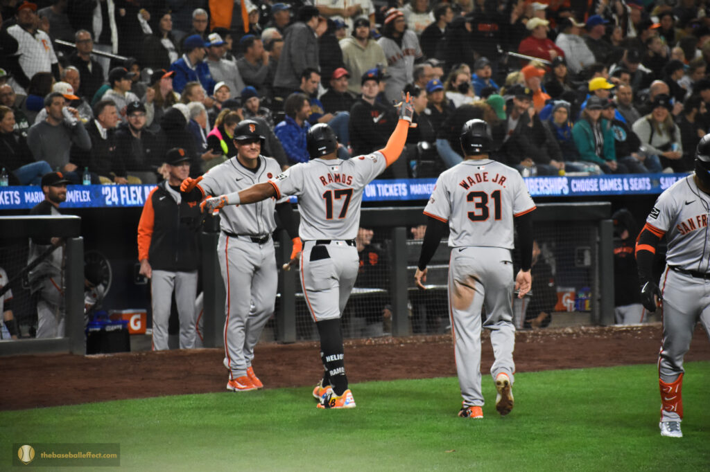 Matt Chapman celebrate with Heliot Ramos, T-Mobile Park 2024