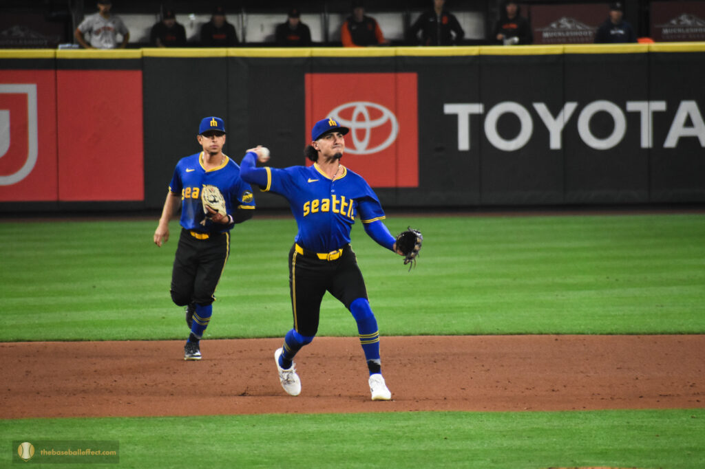Shortstop Leo Rivas makes a play on the infield, T-Mobile Park 2024