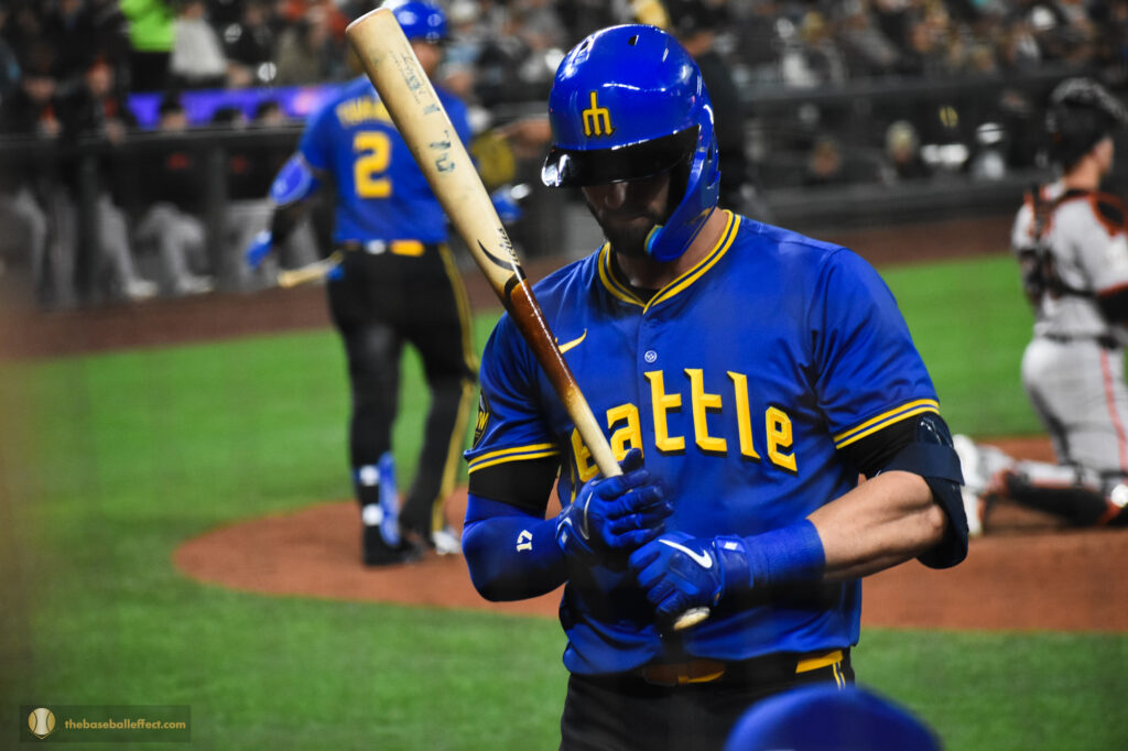 Mitch Haniger awaits on deck, T-Mobile Park 2024