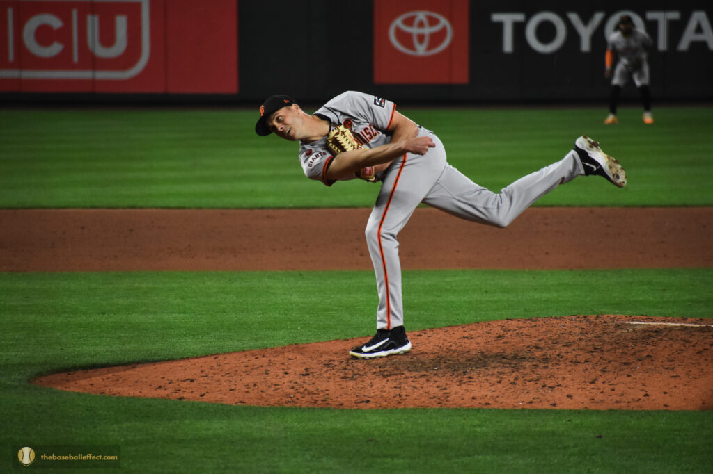 Tyler Rogers follow through after throwing a pitch, Giants - Mariners, T-Mobile Park 2024