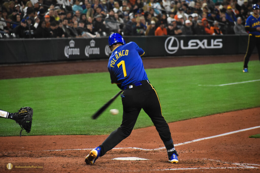 Jorge Polanco makes contact on a pitch from Tyler Rogers, Giants - Mariners, T-Mobile Park 2024