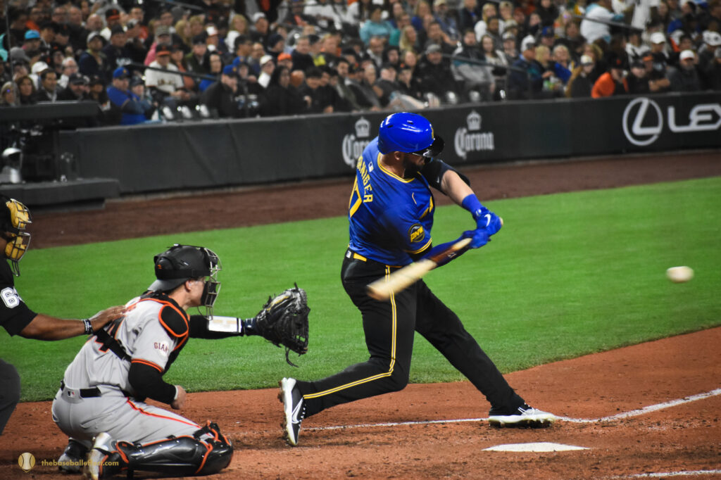 Mitch Haniger swings at a waist high pitch, Giants - Mariners, T-Mobile Park 2024