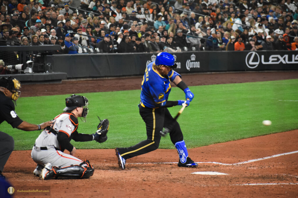 Justin Turner turns on a pitch down the left field line, Giants - Mariners, T-Mobile Park 2024