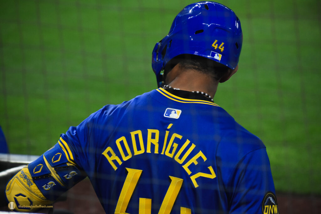 Julio Rodriguez interacting with teammates in the dugout, Giants - Mariners, T-Mobile Park 2024